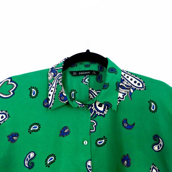 Zara Basic Green Paisley Top Button Down Small - Picture 3 of 8